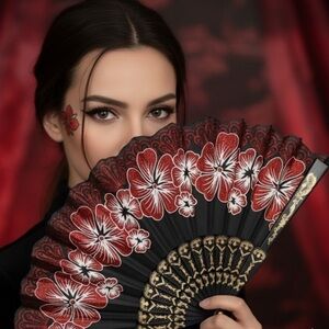 ✨NEW Elegant Black and Red Floral Hand Fan 🪭 9”